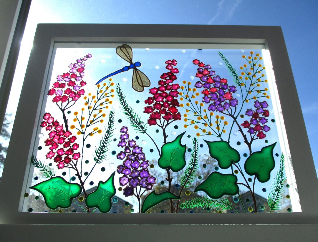 ワイルドフラワーガラス絵画：3Dサンキャッチャー、モダンなウィンドウ