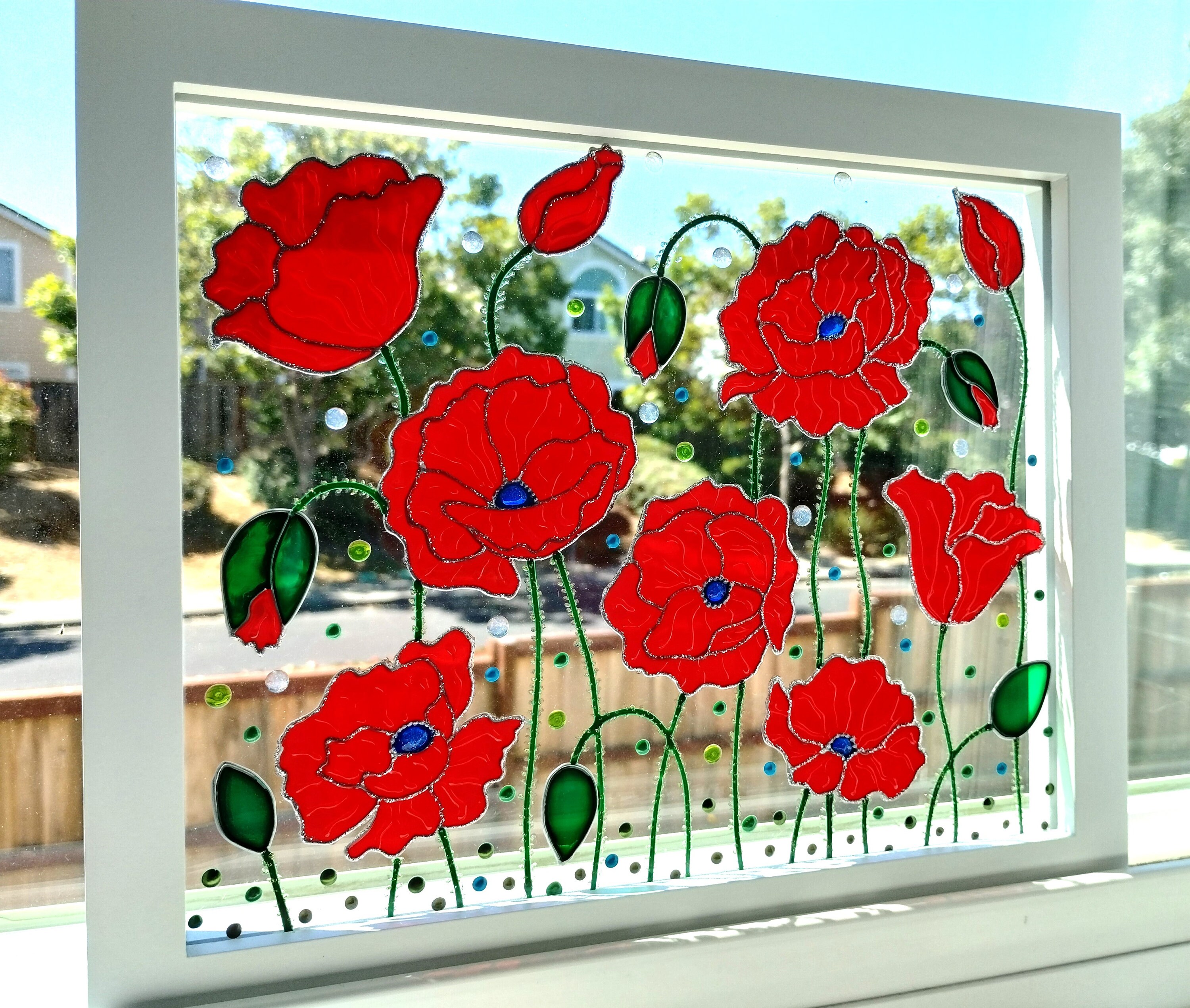 Red Poppies Glass Painting: Colorful Window Suncatcher (11