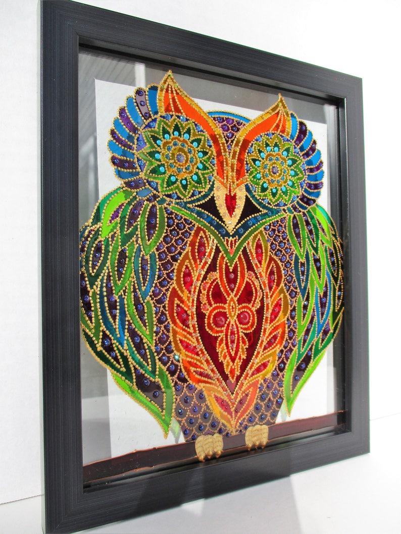 Owl Art 13x13 Glass Painting Painted Stained Wall Decor Framed Original