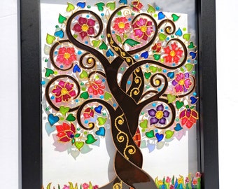 インド民俗絵画ミティーラ画「生命の樹」ガラス額装 プリミティブで美しいインドの民族絵画 | ミティラー画 | #002