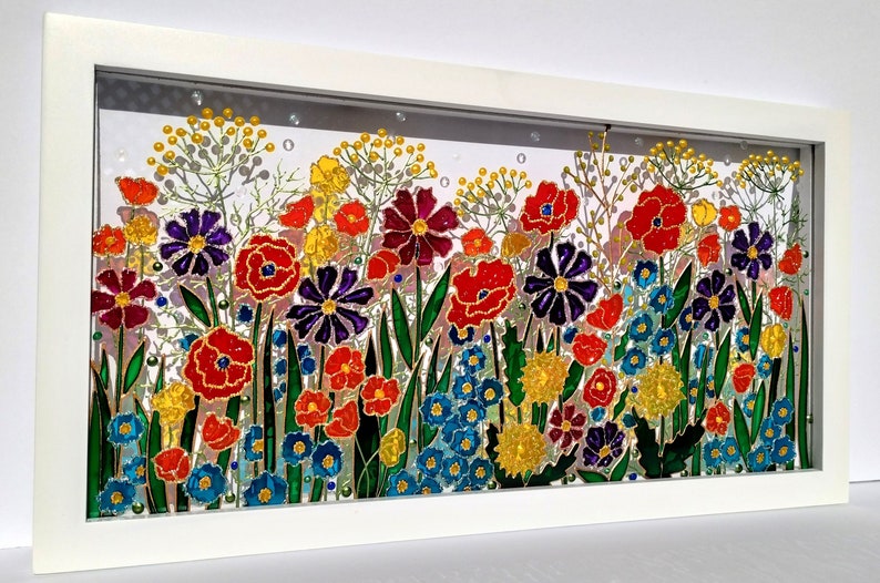 Meadow 17x9 Wild Flowers Glass Painting Painted Glass Glass Etsy