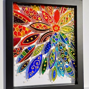 Abstract Flower Glass Painting: 3D Bohemian Sun Catcher (11"x9")