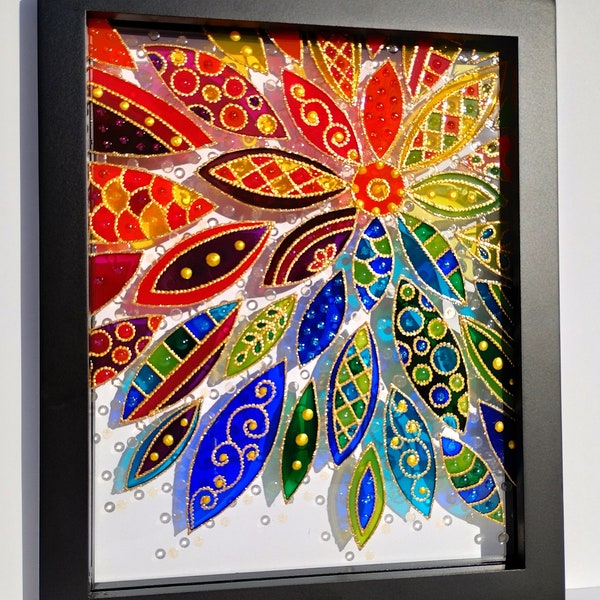 Abstract Flower Glass Painting: 3D Bohemian Sun Catcher (11"x9")