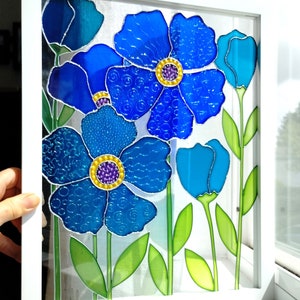 Blaue abstrakte Blumen-Glasmalerei: 3D moderne Kunst