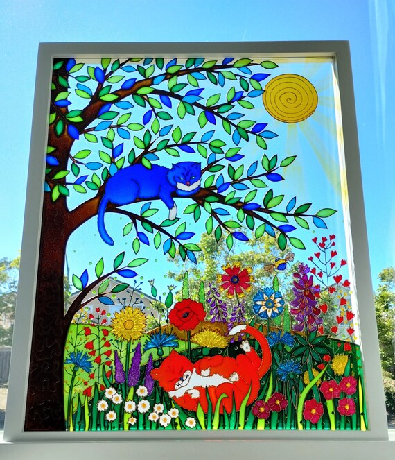 猫と花の3Dガラス絵画：ステンドグラス窓用吊り下げ（21インチ×17