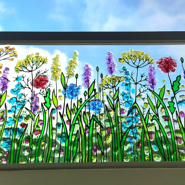 Atrapasueños de resina con diseño de prado de flores silvestres: pintura de vidrio triturado para ventana