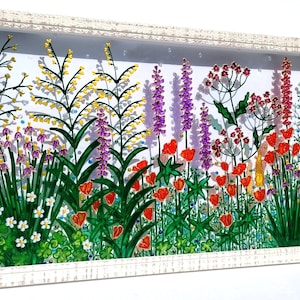 Meadow 21&quot;x11&quot; 3D painting Wild flowers Glass painting Painted glass Glass art Sun catcher Stained glass Window decor Modern art Botanical