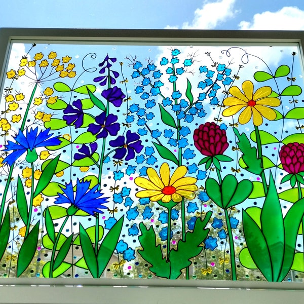 Pintura en vidrio de un prado de flores silvestres: Arte enmarcado tridimensional y colorido (53 x 43 cm)