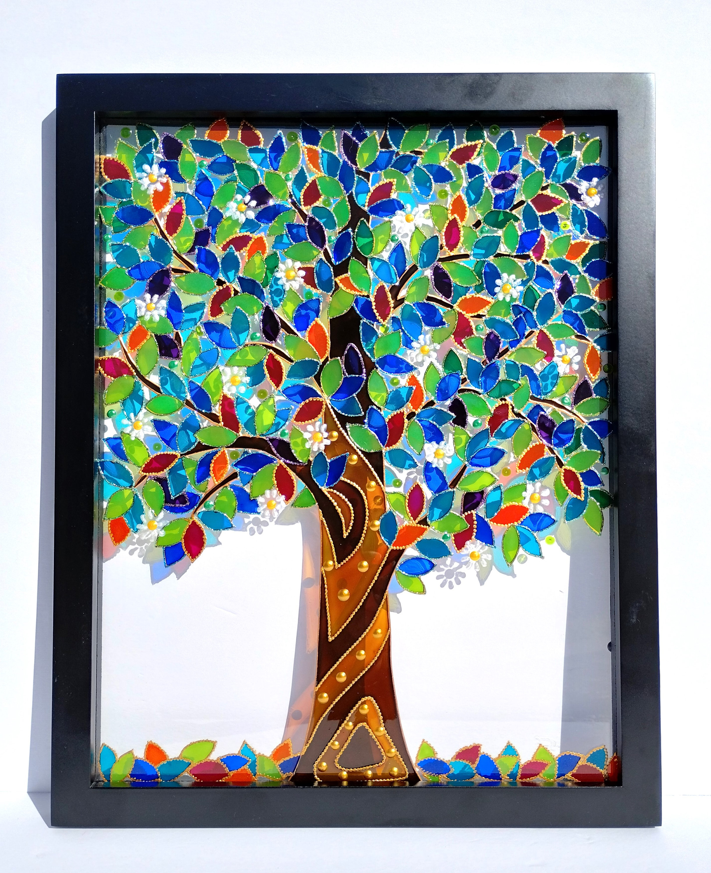 生命の樹ガラス絵画：3Dボヘミアンサンキャッチャー（15インチ×12