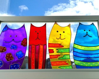 Cat art 17"x9" 3D Glass painting Abstract art Rainbow Colorful art Glass art Window hanging Wall decor Sun catcher Modern art Stained glass