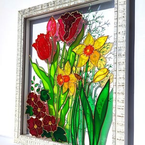 Tulips 11&quot;x9&quot; 3d painting Garden flowers painting Glass painting Glass art Painted glass Stained glass Window hanging Flowers suncatcher