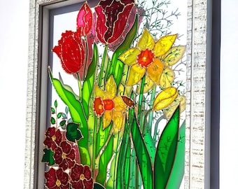 チューリップのガラス絵画：3Dガーデンフラワーサンキャッチャー