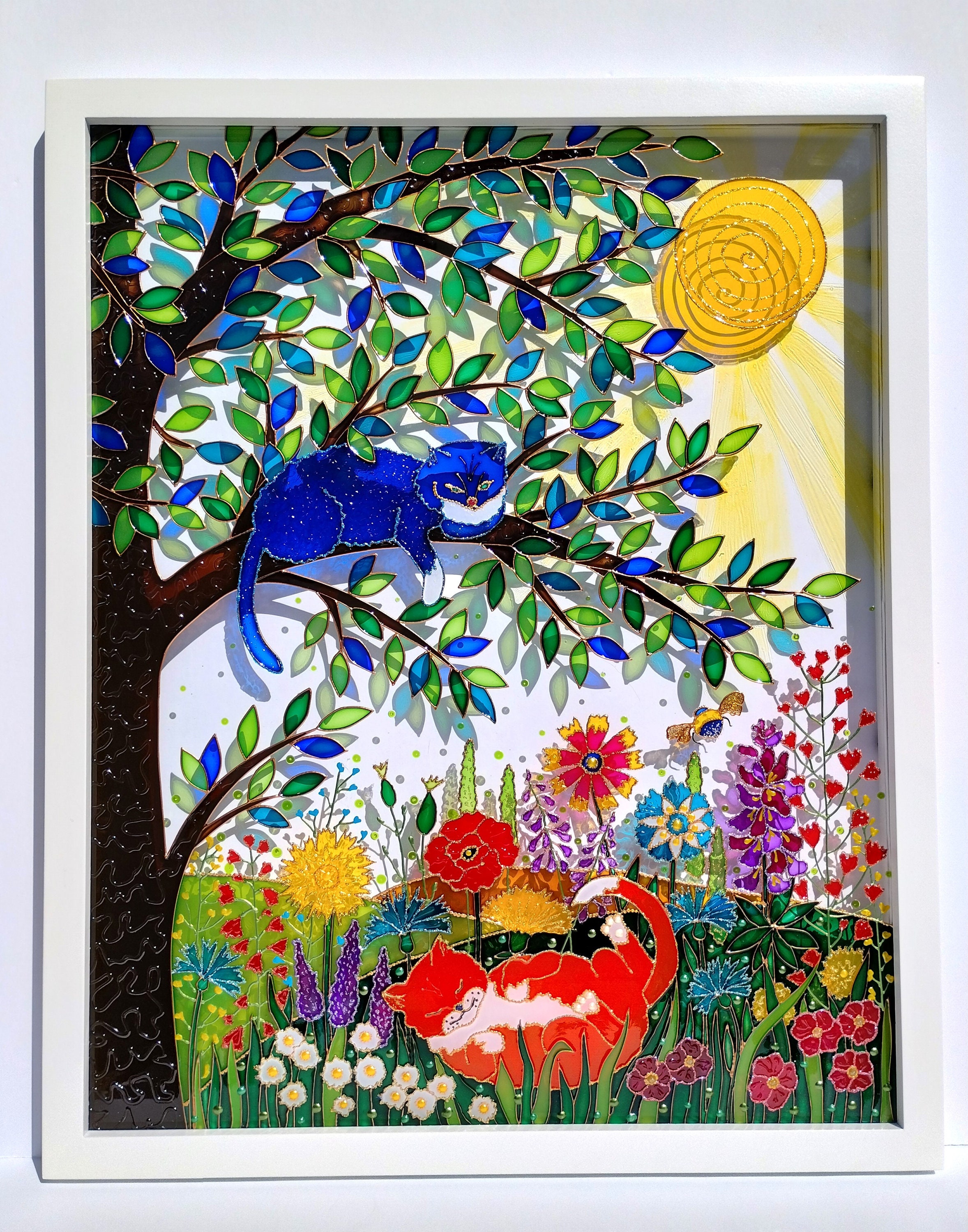 猫と花の3Dガラス絵画：ステンドグラス窓用吊り下げ（21インチ