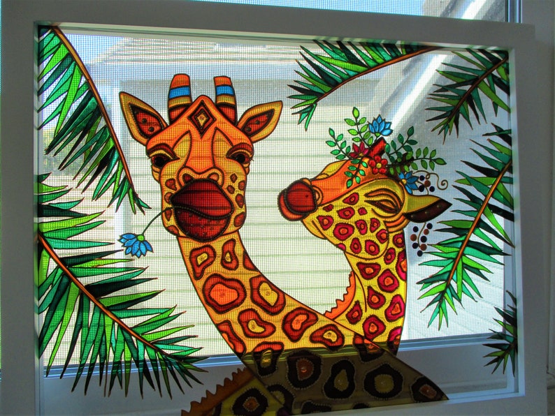 Giraffe love 3D Glass painting Wall decor Sun catcher Stained glass Original art Framed art Giraffe decor Love art Wedding gift image 6