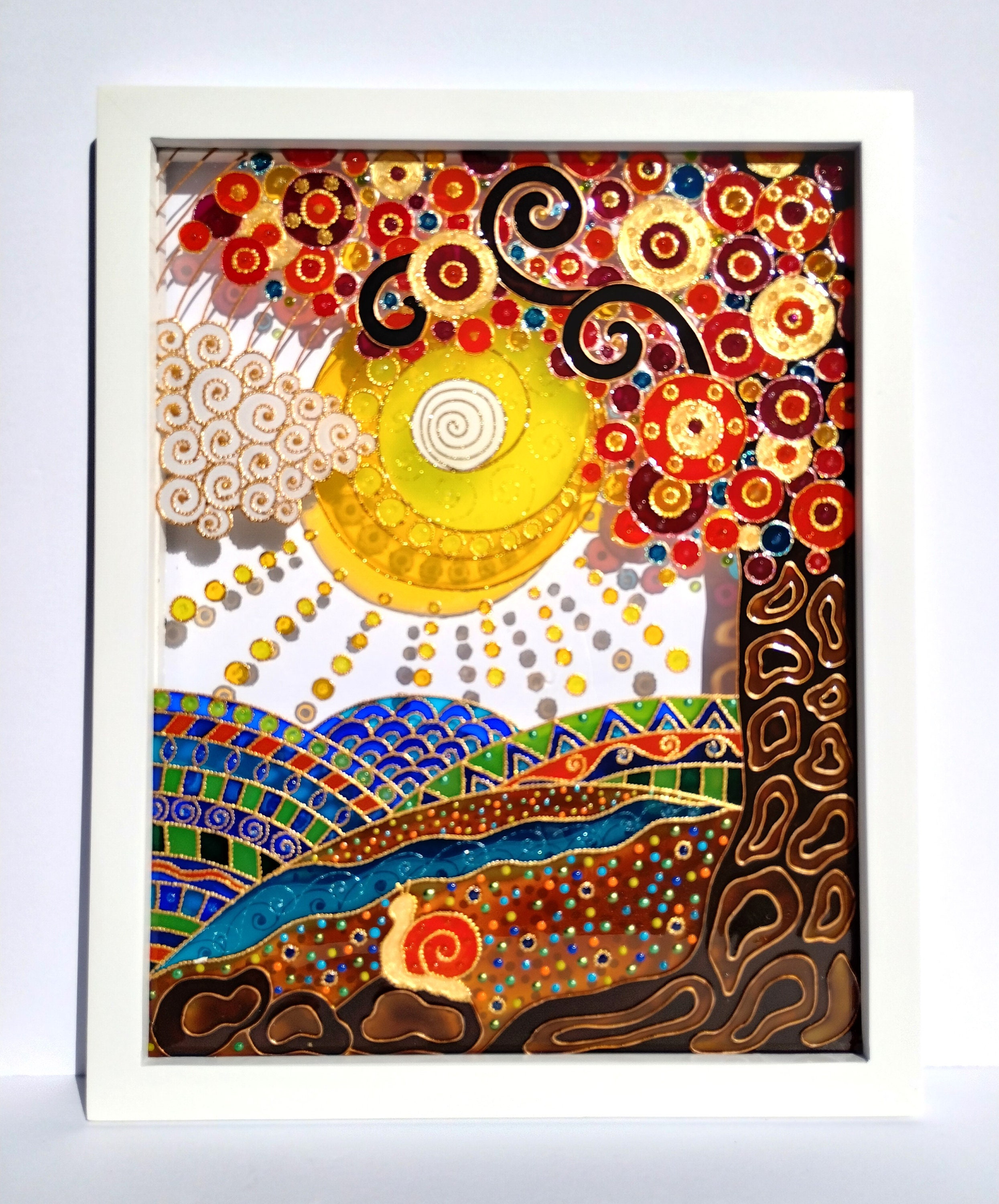 生命の樹ガラス絵画：3D抽象風景ウィンドウアート（15インチ×12インチ