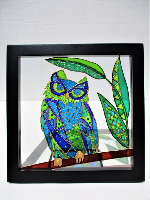 ふくろうステンドグラス オリジナルのフクロウのガラス絵画：額入りステンドグラスアート