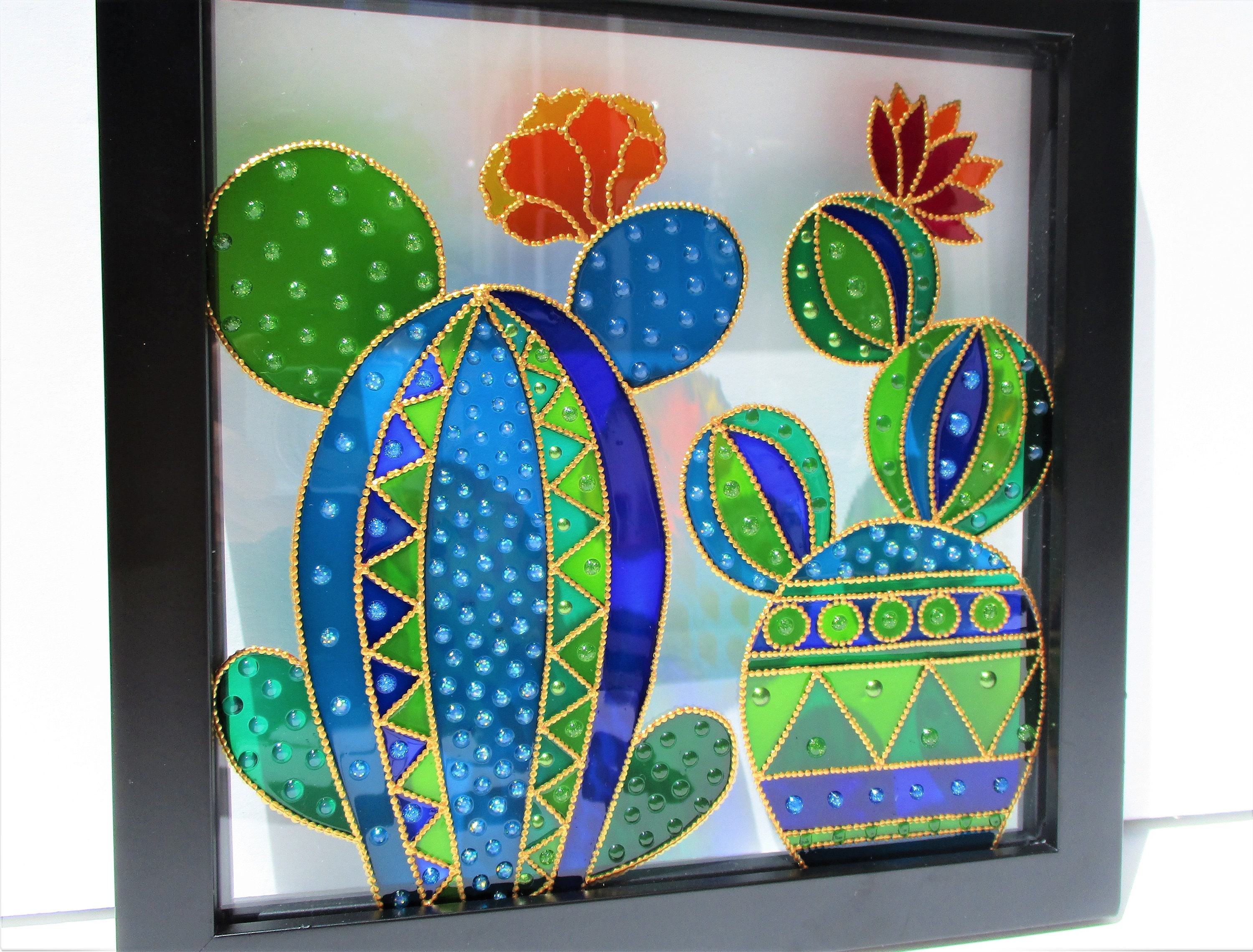 Cactus Art 13x13 Glass Painting Wall Decor Sun Catcher Stained Etsy