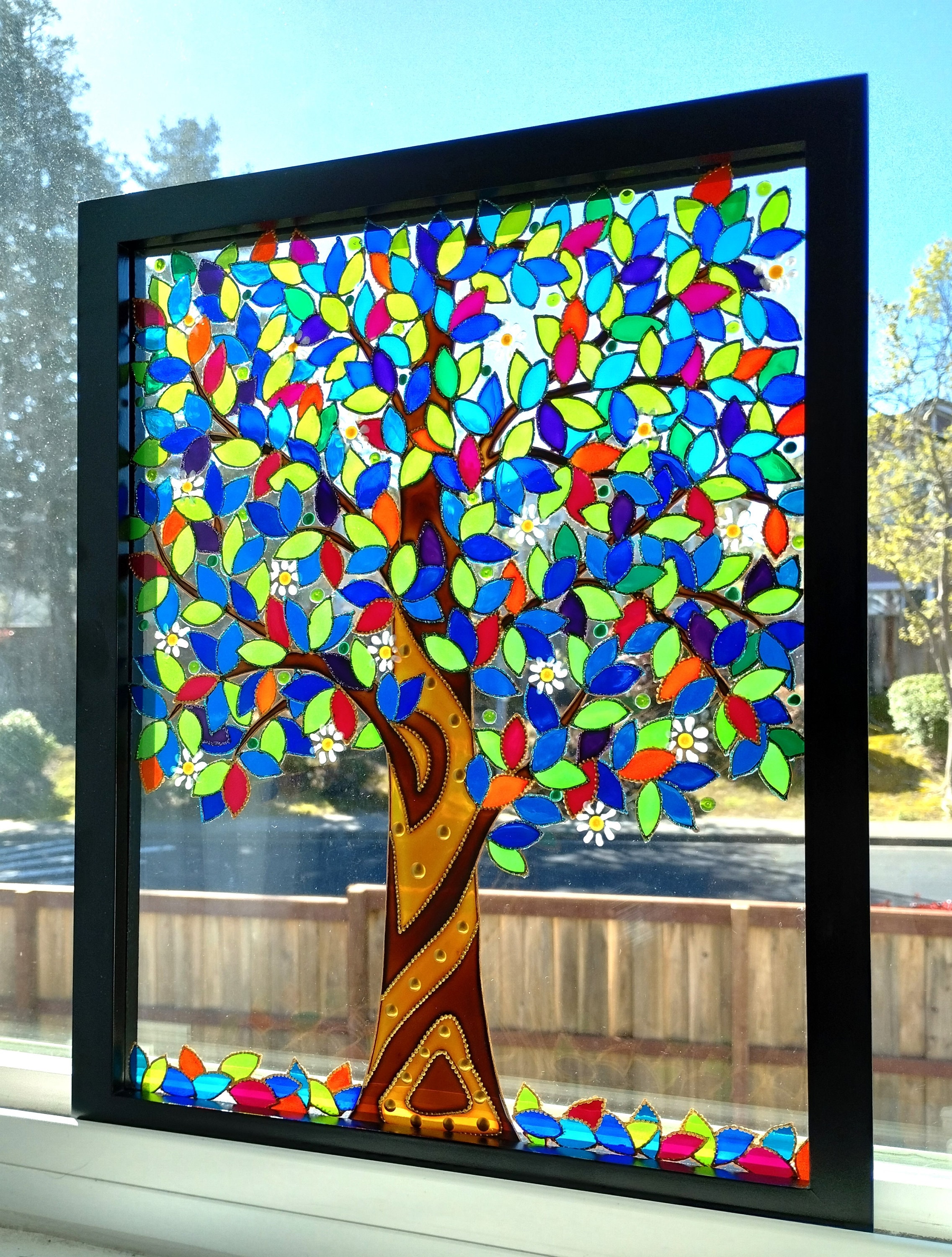 生命の樹ガラス絵画：3Dボヘミアンサンキャッチャー（15インチ×12