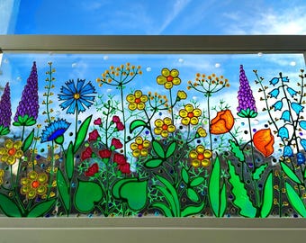 野の花のガラス絵画：3Dステンドグラスの窓アート - Etsy 日本