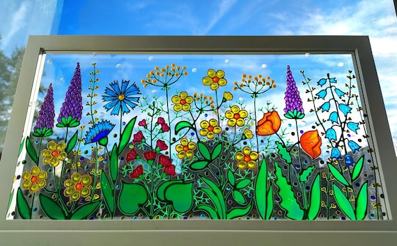 野の花のガラス絵画：3Dステンドグラスの窓アート - Etsy 日本