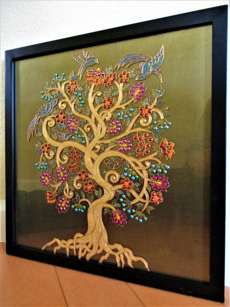 Tree of Life 22x18 Glass painting Bohemian decor Wall hanging  Painted glass Modern art Abstract tree art Gold tree
