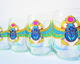 Art Deco Set of 4 Beetle Stemless goblets Hand painted glasses Gift for him Gift for her Capacity 20 oz each Glass-ware