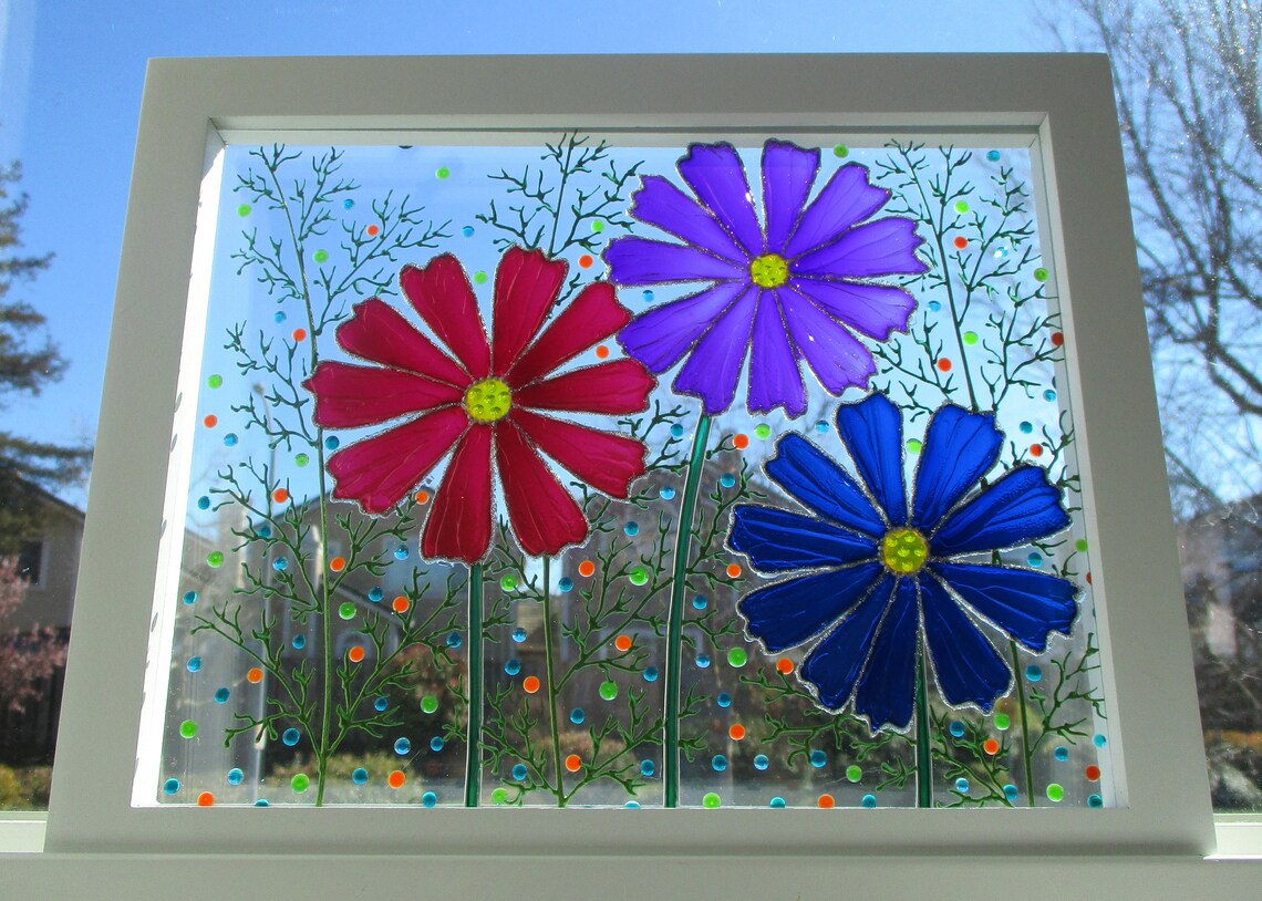 Flowers 11x9 Glass Painting Sun Catcher Stained Glass Glass Etsy