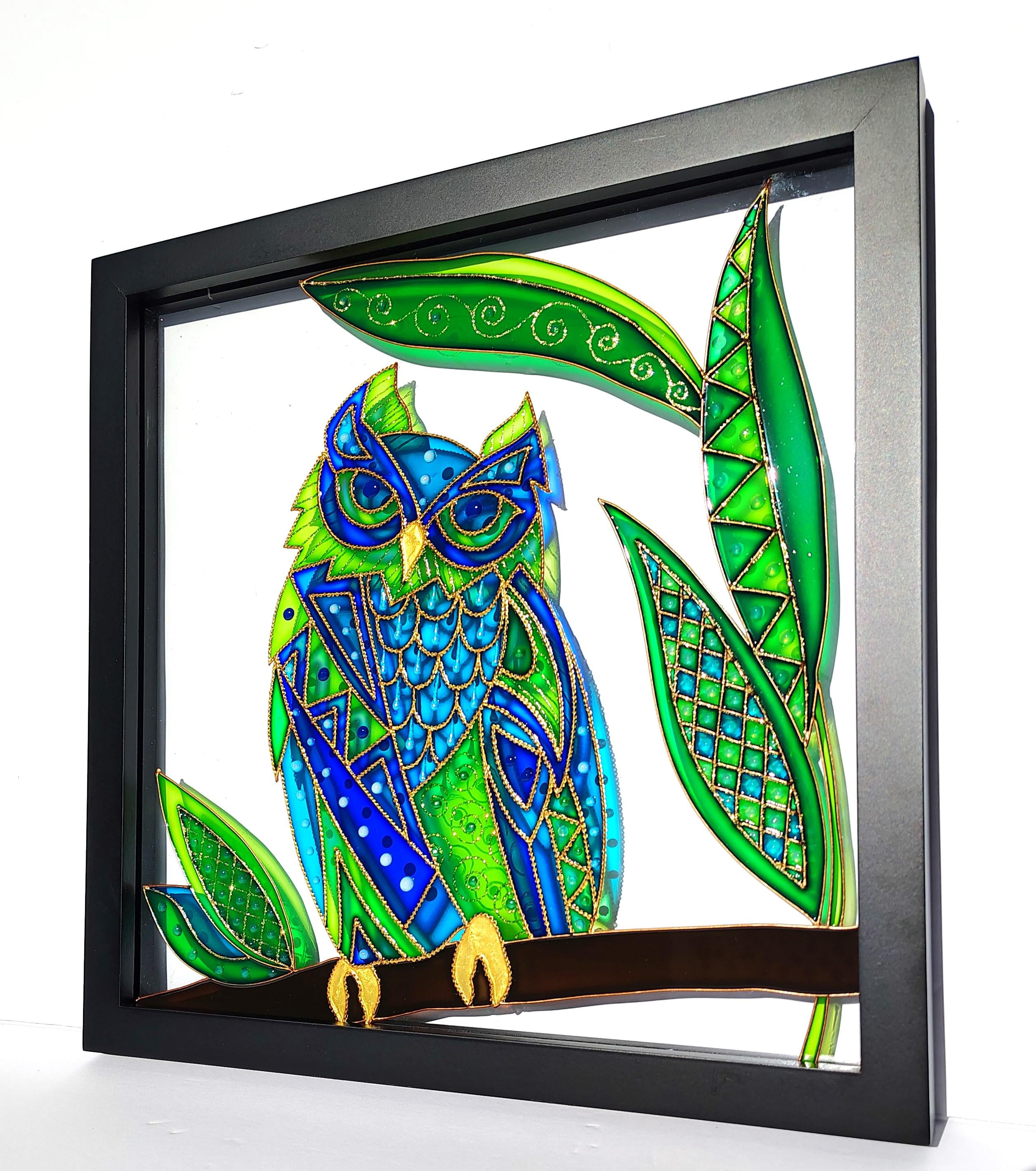 オリジナルのフクロウのガラス絵画：額入りステンドグラスアート（15