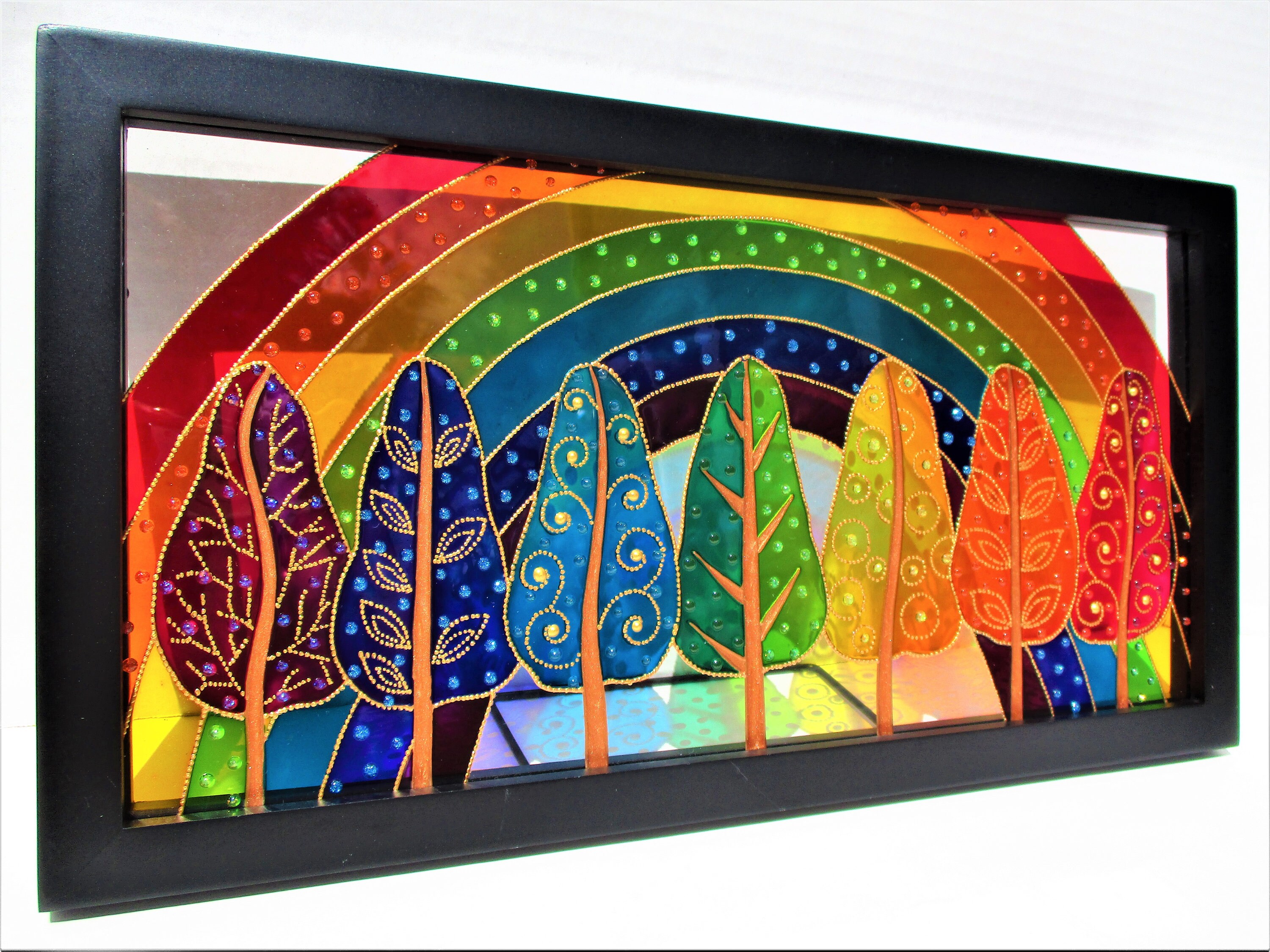 Rainbow trees art Glass painting Bohemian decor Window hanging Etsy