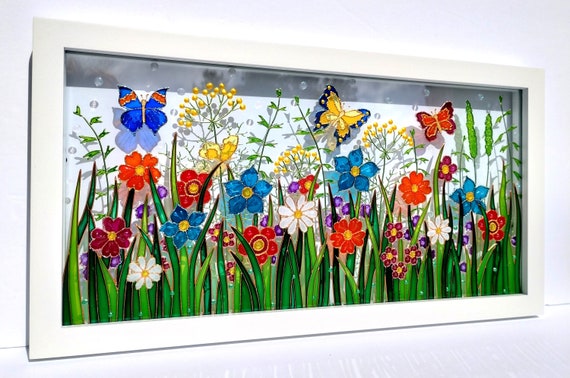 ワイルドフラワーメドウガラス絵画：3Dステンドグラスウィンドウアート