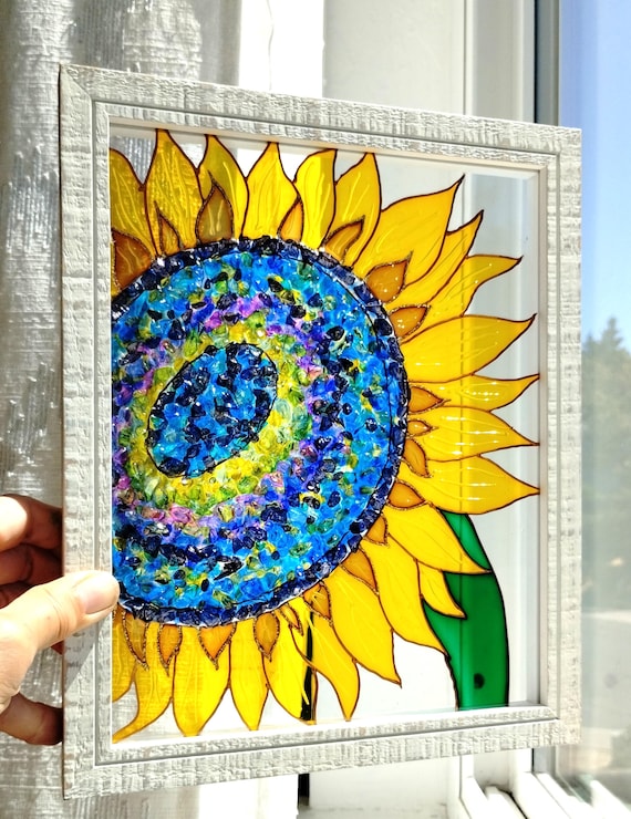 Crushed Glass Sunflower Resin Art - Botanical Window
