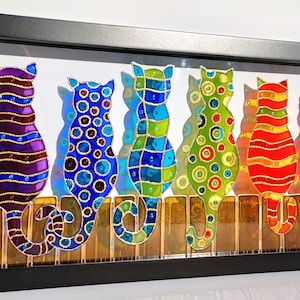 Cat art 18&quot;x10 3D Glass painting Abstract art Rainbow Colorful art Glass art Window hanging Wall decor Sun catcher Modern art Stained glass