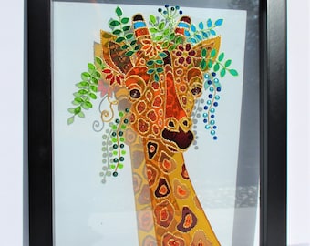 3D Giraffe Glass Painting: Framed Stained Glass Art, Window Decor (11x9)