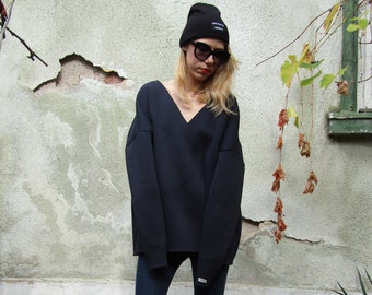 Extravagant V-neck Long Sleeve Sweater / Quilted Cotton Warm Top / Navy Blue Blouse by FabraModaStudio/ B300