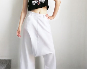 Extravagant Linen Drop Crotch Pants / Linen Harem Pants / PLUS SIZE Pants / White High Waist Pants by FabraModaStudio