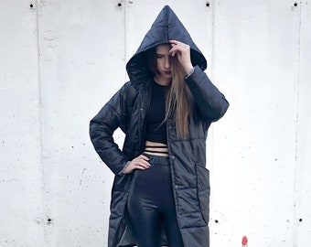 NEW Extravagant Black Jacket, Winter Quilted Black Hooded Jacket, Warm Waterproof and Windproof Jacket, Buttoned Jacket, Plus Sizes