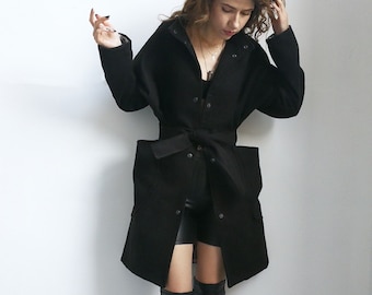 NEW Black Cashmere Coat, Outerwear Coat, Women Coat, Cashmere Wear, Black Coat, Plus Size Clothing, Belted Coat, Women Coat,