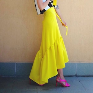 Asymmetrical Ruffled Skirt / Yellow Ruffle Skirt / Long Ruffle Skirt / High Waist Skirt by FabraModa Studio