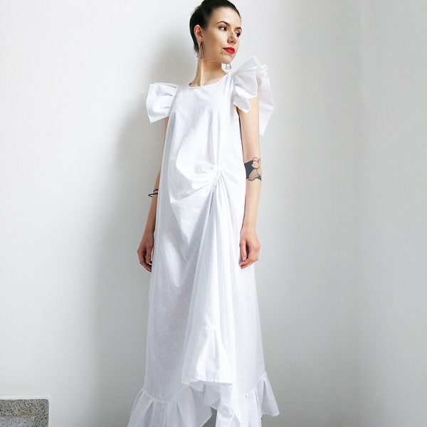 NEW Extravagant White Dress / Asymmetrical Dress / Avant Garde Dress / Linen Dress / Summer Dress Women / Ruffle Dress / Plus Size Clothing