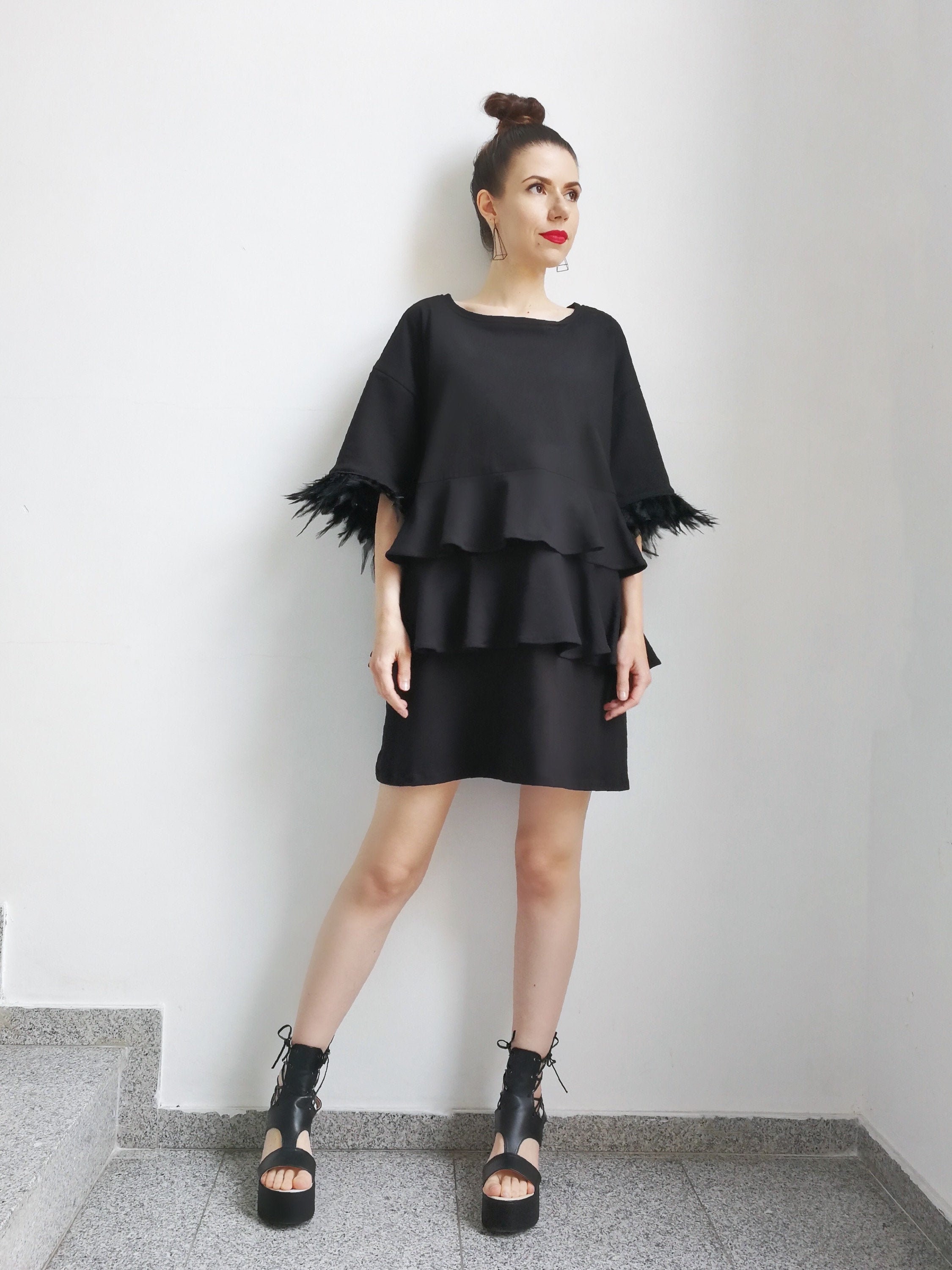 New Little Black Dress / Extravagant Dress / Rooster Feathers / Party Dress / Loose Black Dress / Mini Dress / Oversize Black Dress