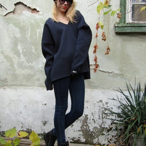 Extravagant V-neck Long Sleeve Sweater / Quilted Cotton Warm Top / Navy Blue Blouse by FabraModaStudio/ B300 image 3