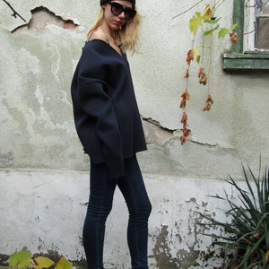 Extravagant V-neck Long Sleeve Sweater / Quilted Cotton Warm Top / Navy Blue Blouse by FabraModaStudio/ B300 image 2