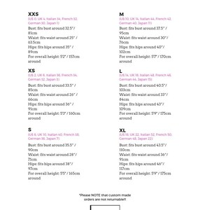 May include: Size chart for clothing with measurements in inches and centimeters. The chart lists sizes for XXS, XS, S, M, L, XL with corresponding US, UK, Italian, French, and German sizes. The chart also includes bust, waist, and hip measurements for each size.