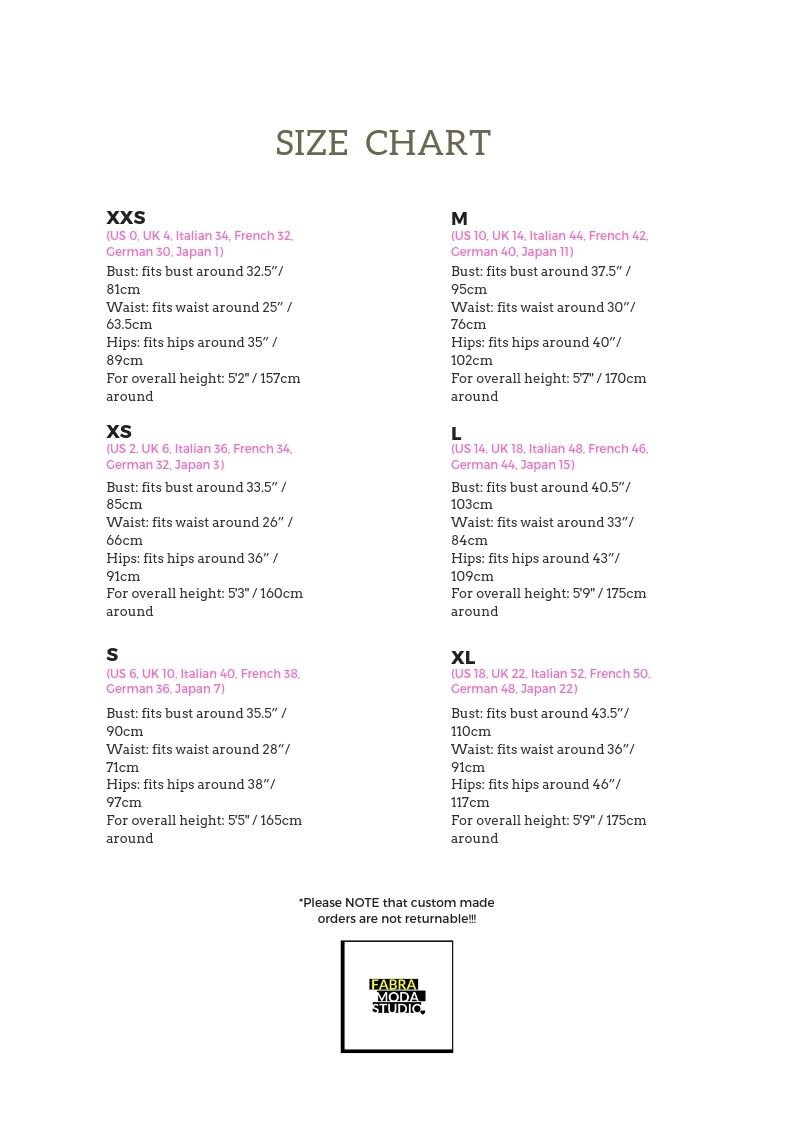 May include: Size chart for clothing with measurements in inches and centimeters. The chart lists sizes for XXS, XS, S, M, L, XL with corresponding US, UK, Italian, French, and German sizes. The chart also includes bust, waist, and hip measurements for each size.