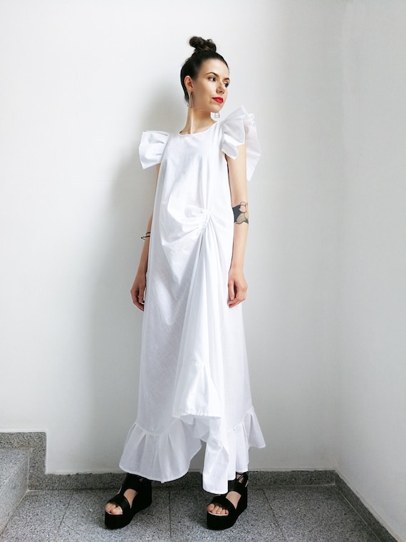 New Extravagant White Dress / Asymmetrical Dress / Avant Garde Dress / Linen Dress / Summer Dress Women / Ruffle Dress / Plus Size Clothing