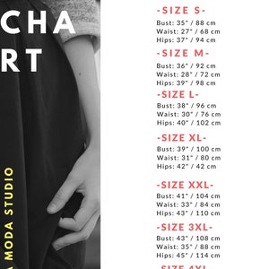 May include: Size chart for clothing with measurements in inches and centimeters. The chart lists sizes XS through 4XL with bust, waist, and hip measurements for each size.