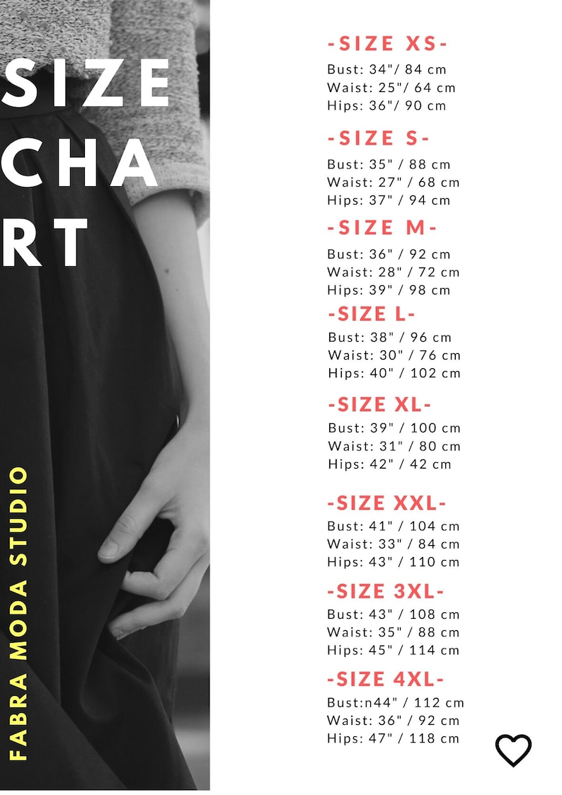 May include: Size chart for clothing with measurements in inches and centimeters. The chart lists sizes XS through 4XL with bust, waist, and hip measurements for each size.