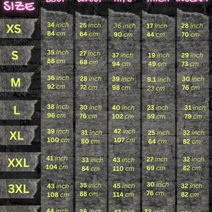 May include: Size chart for clothing with measurements in inches and centimeters. The chart shows bust, waist, hips, thigh, and inseam measurements for sizes XS through 4XL.