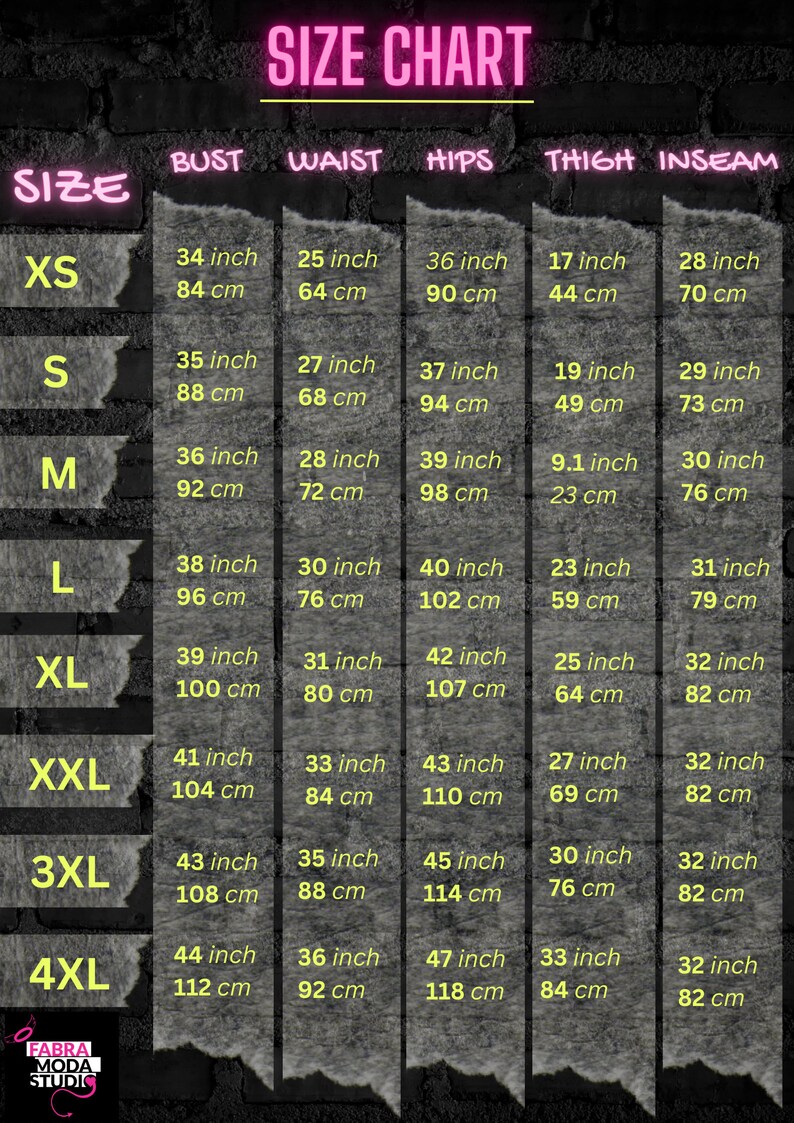 May include: Size chart for clothing with measurements in inches and centimeters. The chart shows bust, waist, hips, thigh, and inseam measurements for sizes XS through 4XL.