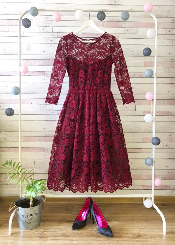 Burgundy Tea Length Lace Dress / Marsala Knee Length Lace Dress / Bridesmaids Dress / Women's Dress by Fabra Moda Studio / D123 Burgundy Tea Length Lace Dress / Marsala Knee Length Lace Dress / Bridesmaids Dress / Women's Dress by Fabra Moda Studio / D123